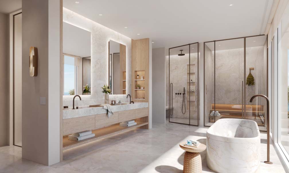 Luxury bathroom featuring mirrors backlit by warm Ketra tape light.