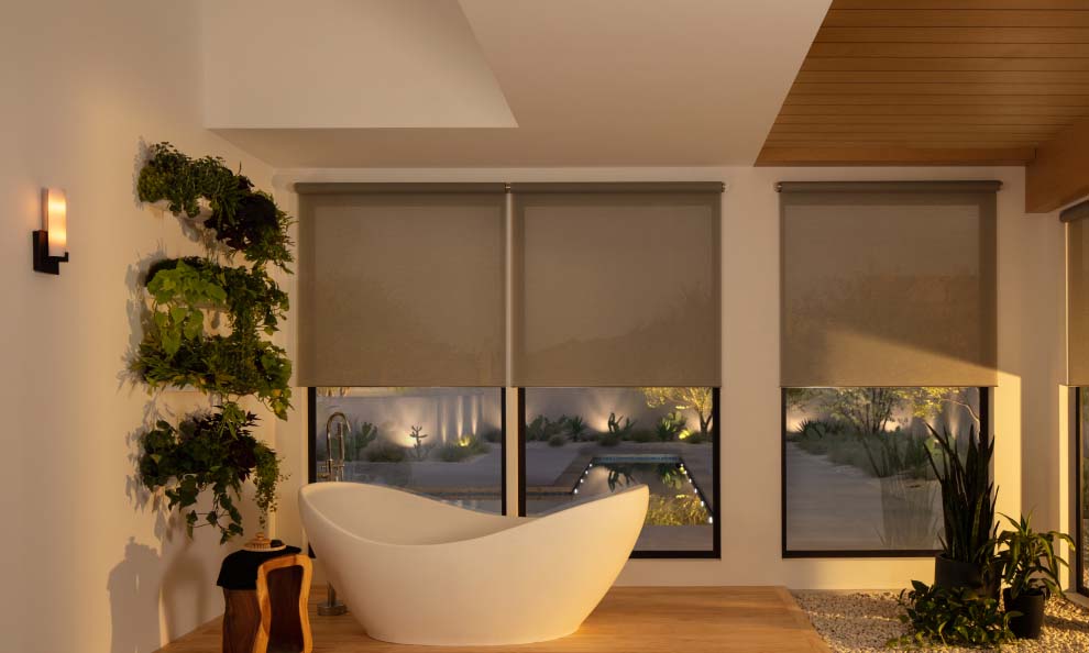 Modern bathroom with Lutron Rania lighting and sheer roller shades.