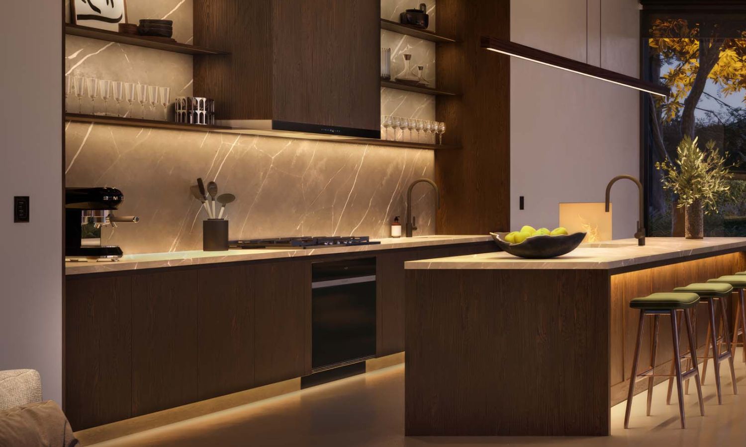 Dark wood kitchen with Lutron linear under-cabinet and island lighting.